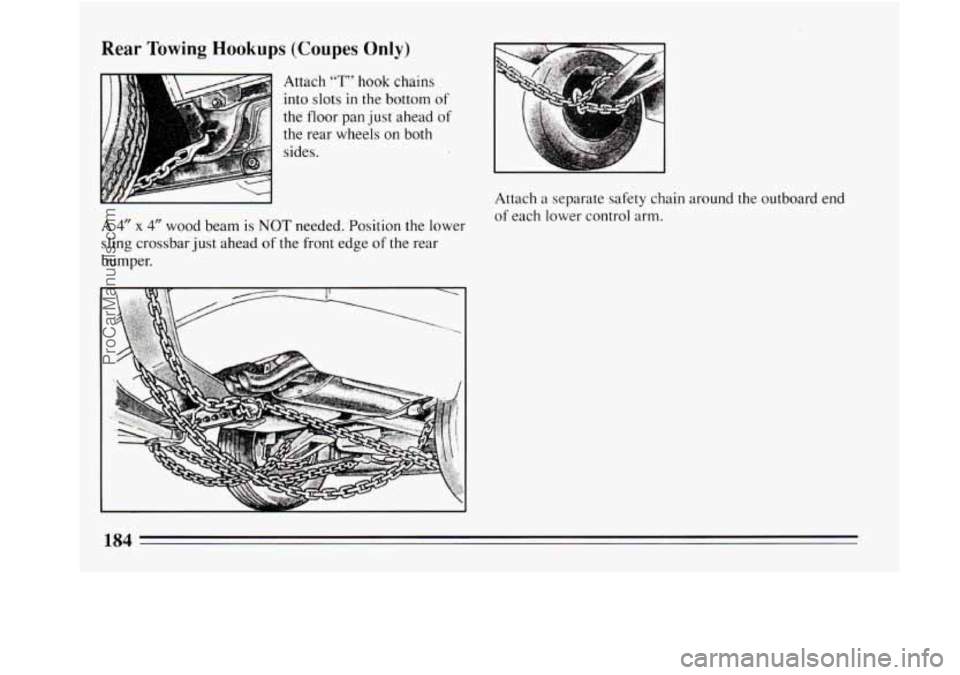BUICK REGAL 1994  Owners Manual Rear Towing Hookups (Coupes Only) 
Attach “T” hook chains 
into slots 
in the  bottom  of 
the  floor  pan just  ahead 
of 
the rear  wheels  on  both 
sides. 
______~ 
A 4” x 4” wood  beam  i