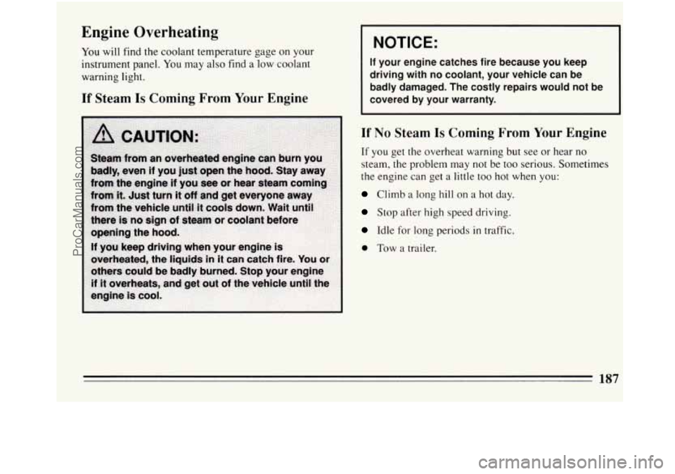 BUICK REGAL 1994  Owners Manual Engine  Overheating 
You will find the coolant temperature gage on your 
instrument panel. 
You may  also find a low coolant 
warning light. 
If Steam Is Coming  From Your Engine 
I NOTICE: 
If your  