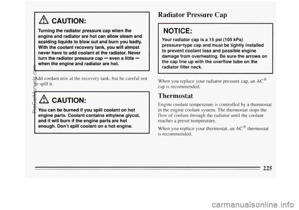 BUICK REGAL 1994  Owners Manual A CAUTION: 
Turning the radiator pressure cap when  the 
engine 
and radiator  are hot  can  allow  steam  and 
scalding  liquids 
to blow out and burn you  badly. 
With the coolant  recovery  tank, y