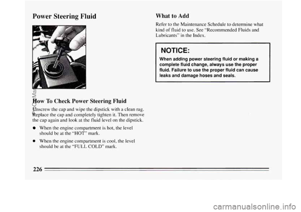 BUICK REGAL 1994  Owners Manual Power Steering Fluid 
How To Check Power  Steering Fluid 
Unscrew  the  cap and wipe the dipstick with a clean rag. 
Replace  the cap  and completely tighten 
it. Then remove 
the  cap  again  and  lo