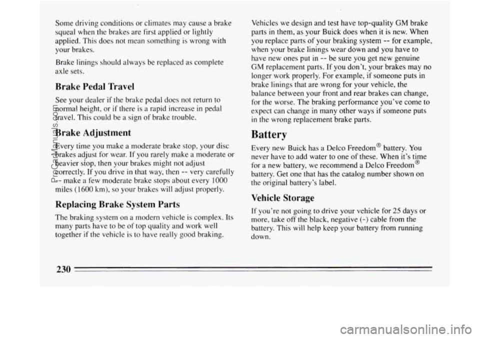 BUICK REGAL 1994  Owners Manual Some driving  conditions or climates  may cause  a brake 
squeal  when  the  brakes are first applied or 
lightly 
applied. This  does not  mean  something  is  wrong  with 
your  brakes. 
Brake  lini