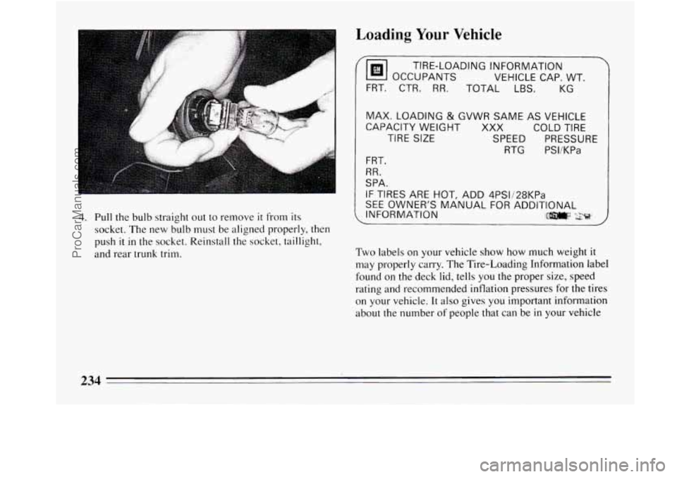 BUICK REGAL 1994  Owners Manual 4. Pull the bulb  straight out  to remove it from  its 
socket.  The new  bulb 
must be aligned properly,  then 
push 
it in the  socket. Reinstall  the socket, taillight, 
and rear 
trunk trim. 
Load