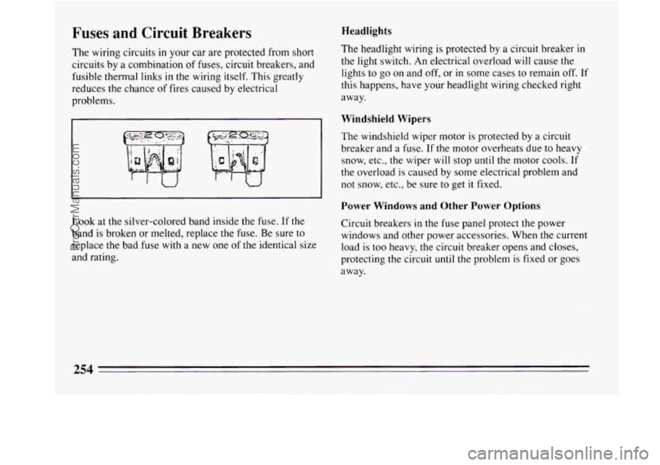 BUICK REGAL 1994  Owners Manual Fuses  and  Circuit  Breakers 
The wiring  circuits  in  your car are  protected from short 
circuits  by a combination  of fuses, circuit breakers, and 
fusible thermal links  in the wiring itself. T