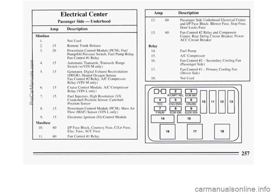 BUICK REGAL 1994  Owners Manual 15 
20 
15 
IS 
1s 
 1s 
Electrical Center 
Passenger  Side - Underhood 
Amp  Description 
Minifuse 
1. Not  Used 
2. Remote Trunk Release 
3. Powertrain  Control  Module  (PCM), Fuel 
Pump/Oil  Pres