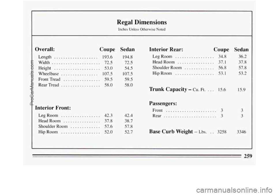 BUICK REGAL 1994  Owners Manual Regal  Dimensions 
Inches Unless Otherwise Noted 
Overall: 
Length ................... 
Width ..................... 
Height .................... 
Wheelbase ................ 
Front Tread ..............