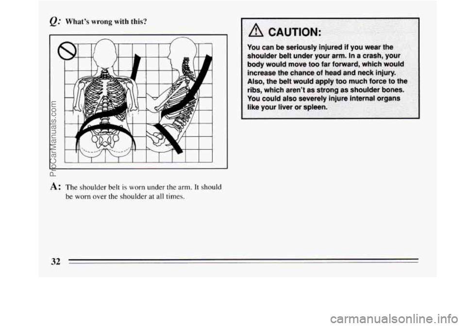BUICK REGAL 1994 Owners Guide Q: What’s wrong with  this? 
A: The shoulder  belt is worn under the arm.  It should 
be  worn  over the shoulder at all times. 
I A CAUTION: 
You can be seriously  injured if you wear  the 
shoulde