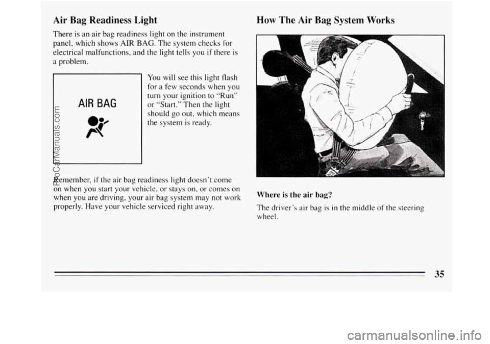 BUICK REGAL 1994 Owners Guide Air Bag Readiness Light 
There  is an  air  bag readiness light on the  instrument 
panel,  which  shows AIR 
BAG. The system  checks for 
electrical  malfunctions,  and  the light tells  you 
if ther
