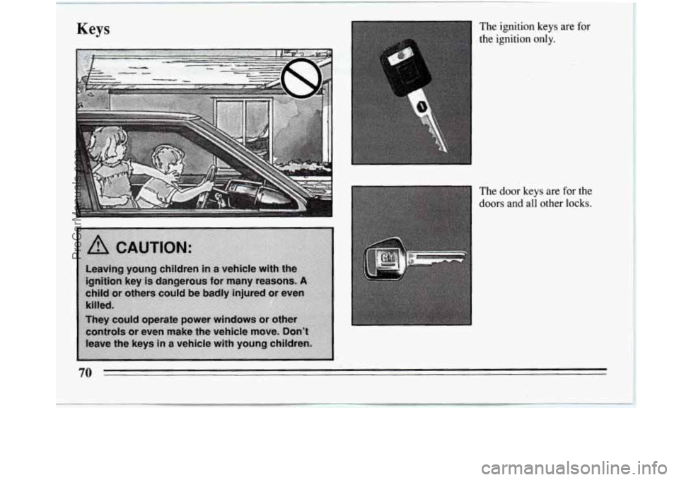 BUICK REGAL 1994 Manual PDF Keys 
I 
The ignition keys are for 
the ignition only. 
The  door keys are  for  the 
doors  and 
all other locks. 
70 
I 
ProCarManuals.com 