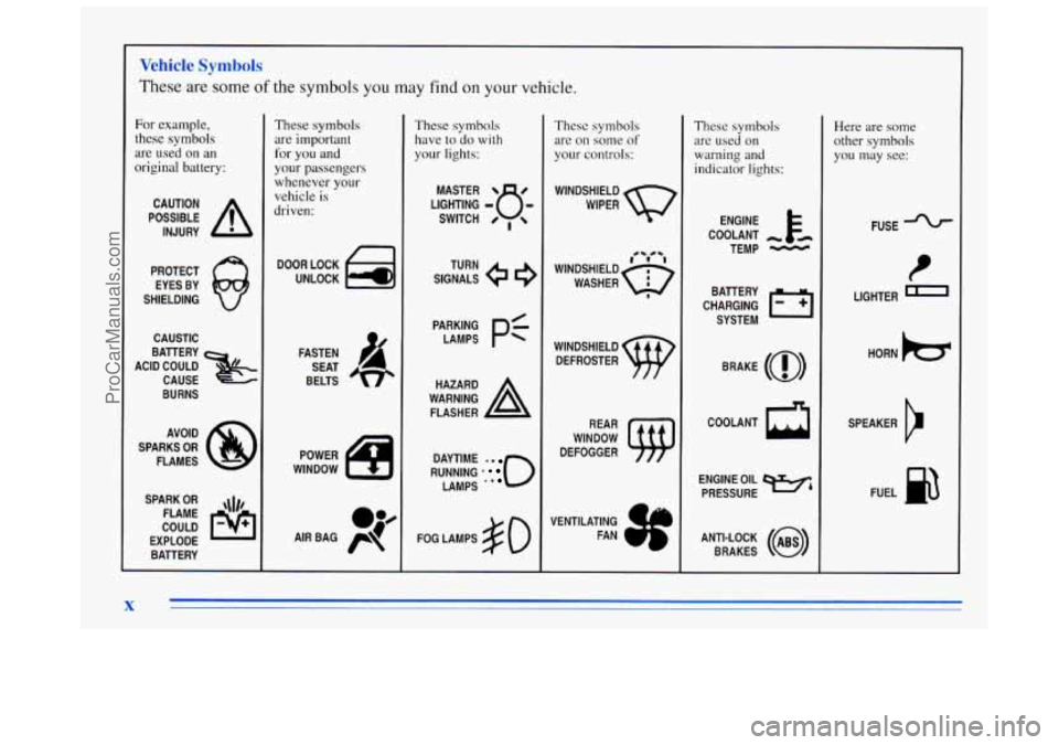 BUICK REGAL 1996  Owners Manual Ve hide bols 
These  are  some of the symbols you may find on your vehicle. 
For example, 
these  symbols 
are  used  on  an 
original  battery: 
POSSIBLE A 
CAUTION 
INJURY 
PROTECT  EYES  BY 
SHIELD