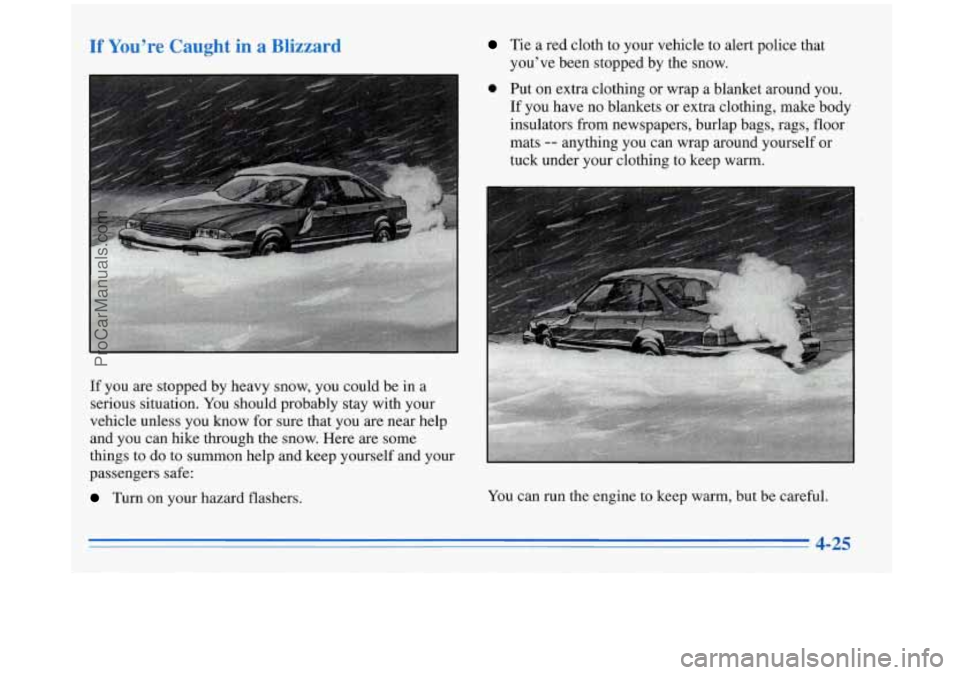 BUICK REGAL 1996 Owners Manual If You’re Caught in a Blizzard
If you are stopped by heavy snow, you could be in a
serious situation. You should probably stay with your
vehicle unless you know for sure that you BUICK REGAL 1996 Owners Manual If You’re Caught in a Blizzard
If you are stopped by heavy snow, you could be in a
serious situation. You should probably stay with your
vehicle unless you know for sure that you