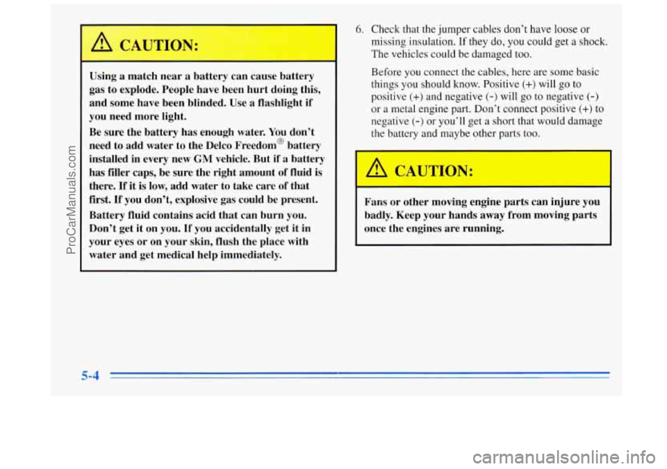 BUICK REGAL 1996 Owners Manual A
,- I
Using a match near a battery can cause battery
gas to explode. People have been hurt doing this,
and some have been blinded. Use a flashlight
if
you need more light.
Be sure BUICK REGAL 1996 Owners Manual A
,- I
Using a match near a battery can cause battery
gas to explode. People have been hurt doing this,
and some have been blinded. Use a flashlight
if
you need more light.
Be sure