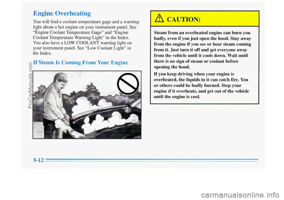 BUICK REGAL 1996 Owners Manual Engine Overheating
YOU will find a coolant temperature gage and a warning
light about a hot engine on your instrument panel. See
“Engine Coolant Temperature Gage” and “Engine
Coolan BUICK REGAL 1996 Owners Manual Engine Overheating
YOU will find a coolant temperature gage and a warning
light about a hot engine on your instrument panel. See
“Engine Coolant Temperature Gage” and “Engine
Coolan