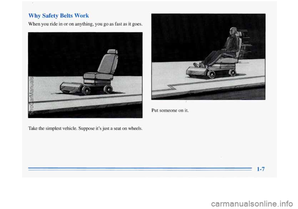 BUICK REGAL 1996 Owners Manual Why Safety  Belts  Work 
When you ride  in or on  anything,  you go  as  fast  as  it  goes, 
Take  the simplest  vehicle.  Suppose its 
just a seat on wheels. 
1-7 
ProCarManuals.com 