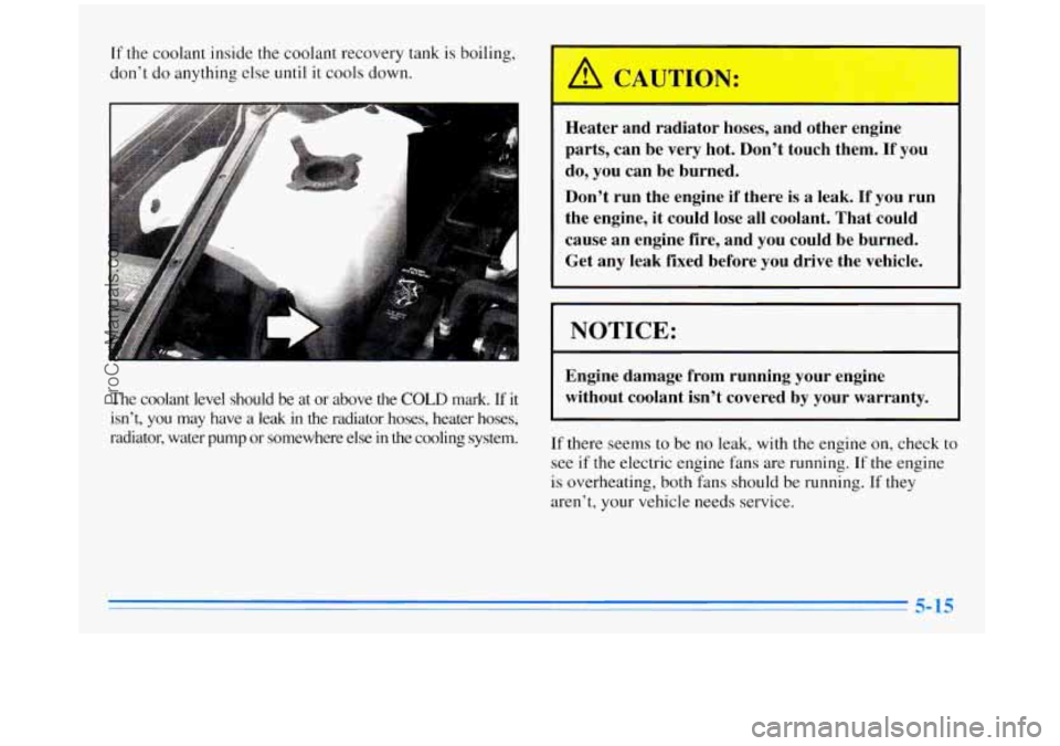 BUICK REGAL 1996  Owners Manual If the  coolant  inside  the coolant  recovery  tank is boiling, 
don’t  do anything  else  until it cools  down. 
The coolant  level  should  be  at  or  above  the COLD mark. If it 
isn’t,  you 
