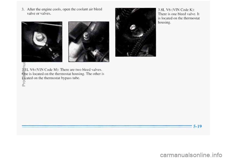 BUICK REGAL 1996 Owners Manual 3. After the engine cools, open the coolant air bleed
valve
or valves.
3.1L
V6 (VIN Code M): There are two bleed valves.
One
is located on the thermostat housing. The other is
locate BUICK REGAL 1996 Owners Manual 3. After the engine cools, open the coolant air bleed
valve
or valves.
3.1L
V6 (VIN Code M): There are two bleed valves.
One
is located on the thermostat housing. The other is
locate