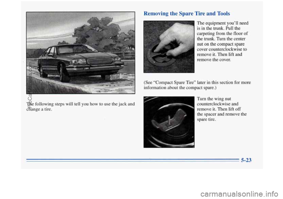 BUICK REGAL 1996 Owners Manual The following steps will tell you how to use the jack and
change a tire. Turn the
wing nut
counterclockwise and
remove it. Then lift
off
.the spacer and remove the
spare tire BUICK REGAL 1996 Owners Manual The following steps will tell you how to use the jack and
change a tire. Turn the
wing nut
counterclockwise and
remove it. Then lift
off
.the spacer and remove the
spare tire