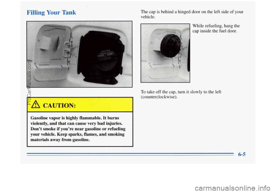 BUICK REGAL 1996 Owners Manual Filling Your Tank The cap is behind a hinged door on the left side of your
vehicle.
/?i CAUTION:
Gasoline vapor is highly flammable. It burns
violently, and that can cause very BUICK REGAL 1996 Owners Manual Filling Your Tank The cap is behind a hinged door on the left side of your
vehicle.
/?i CAUTION:
Gasoline vapor is highly flammable. It burns
violently, and that can cause very