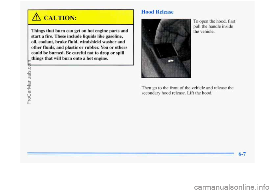 BUICK REGAL 1996 Owners Manual Hood Release
.. . /! CAUTION:
Things that burn can get on hot engine parts and
start a fire. These include liquids like gasoline,
oil, coolant, brake fluid, windshield washer BUICK REGAL 1996 Owners Manual Hood Release
.. . /! CAUTION:
Things that burn can get on hot engine parts and
start a fire. These include liquids like gasoline,
oil, coolant, brake fluid, windshield washer