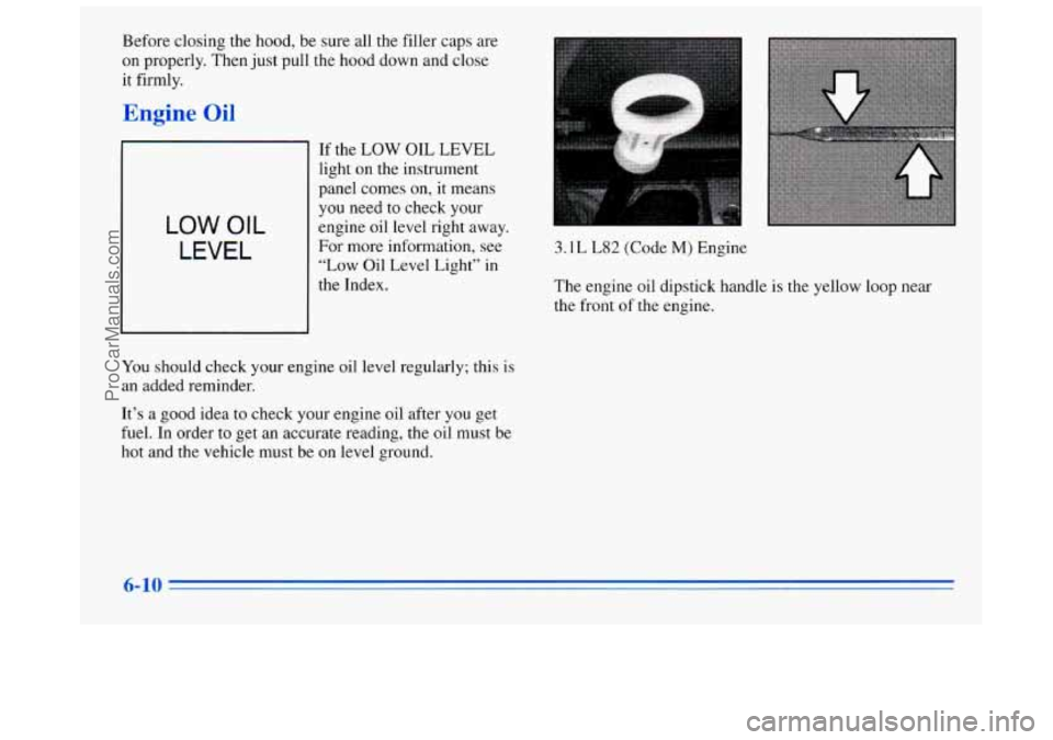 BUICK REGAL 1996 Owners Manual Before closing the hood, be sure all the filler caps are
on properly. Then just pull the hood down and close
it firmly.
hgine
If the LOW OIL LEVEL
light on the instrument
panel comes BUICK REGAL 1996 Owners Manual Before closing the hood, be sure all the filler caps are
on properly. Then just pull the hood down and close
it firmly.
hgine
If the LOW OIL LEVEL
light on the instrument
panel comes