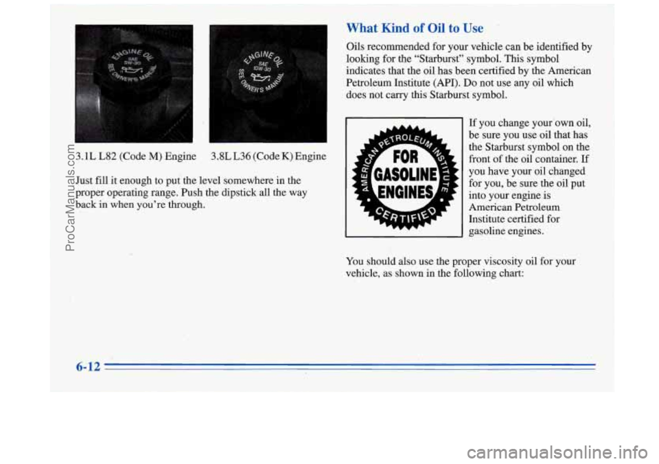 BUICK REGAL 1996 Owners Manual I
I
3.1L L82 (Code M) Engine 3.8L L36 (CodeK) Engine
Just
fill it enough to put the level somewhere in the
proper operating range. Push the dipstick all the way
back
in when you BUICK REGAL 1996 Owners Manual I
I
3.1L L82 (Code M) Engine 3.8L L36 (CodeK) Engine
Just
fill it enough to put the level somewhere in the
proper operating range. Push the dipstick all the way
back
in when you