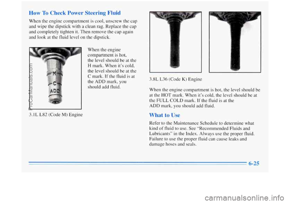 BUICK REGAL 1996  Owners Manual How To Check  Power  Steering Fluid 
When the engine  compartment is cool, unscrew the  cap 
and wipe the  dipstick with a  clean  rag.  Replace  the cap 
and  completely  tighten it.  Then  remove  t