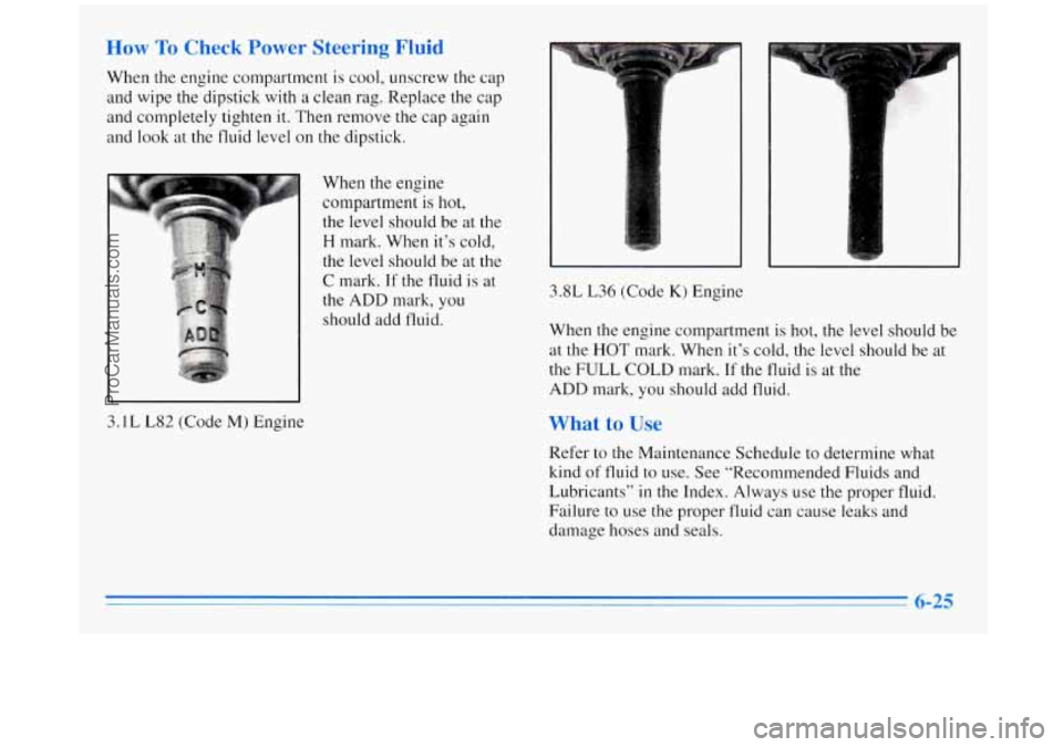 BUICK REGAL 1996 Owners Manual How To Check Power Steering Fluid
When the engine compartment is cool, unscrew the cap
and wipe the dipstick with a clean rag. Replace the cap
and completely tighten it. Then remove t BUICK REGAL 1996 Owners Manual How To Check Power Steering Fluid
When the engine compartment is cool, unscrew the cap
and wipe the dipstick with a clean rag. Replace the cap
and completely tighten it. Then remove t