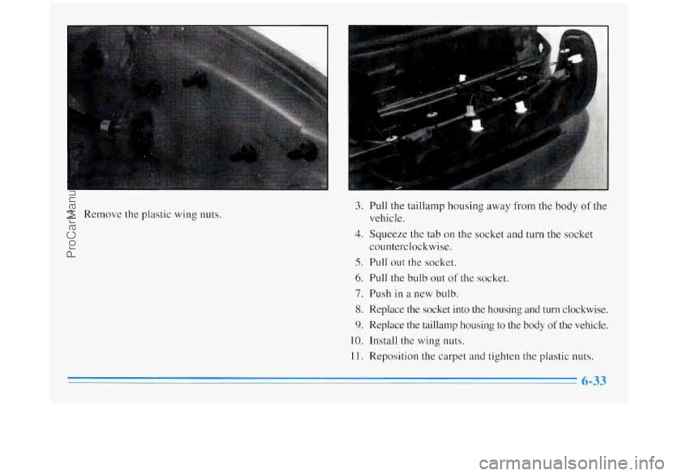 BUICK REGAL 1996  Owners Manual I 
2. Remove the plastic wing nuts.  Lwa 
3. Pull 
the taillamp housing a 
vehicle. 
.y from  the  body of the 
4. Squeeze  the tab on the socket and  turn the socket 
5. Pull out the socket. 
6. Pull