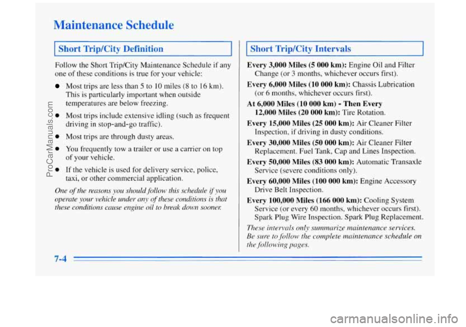 BUICK REGAL 1996 Owners Manual Maintenance Schedule
I Short Trip/City Defition I
Follow the Short Trip/City Maintenance Schedule if any
one
of these conditions is true for your vehicle:
Most trips are less than 5 to 10 mil BUICK REGAL 1996 Owners Manual Maintenance Schedule
I Short Trip/City Defition I
Follow the Short Trip/City Maintenance Schedule if any
one
of these conditions is true for your vehicle:
Most trips are less than 5 to 10 mil