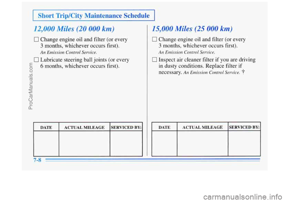 BUICK REGAL 1996 Owners Manual I Short TripKity Maintenance Schedule I
12,000 Miles (20 000 km)
0 Change engine oil and filter (or every
3 months, whichever occurs first).
17 Lubricate steering ball joints (or every
6 mont BUICK REGAL 1996 Owners Manual I Short TripKity Maintenance Schedule I
12,000 Miles (20 000 km)
0 Change engine oil and filter (or every
3 months, whichever occurs first).
17 Lubricate steering ball joints (or every
6 mont
