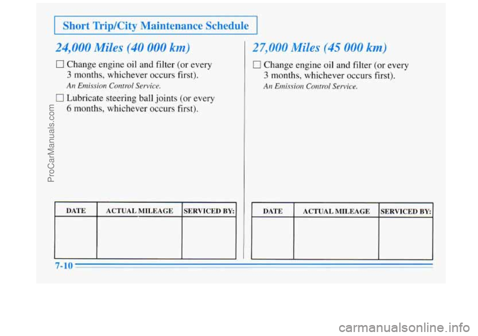 BUICK REGAL 1996 Owners Manual I Short Trip/City Maintenance Schedule I
24,000 Miles (40 000 km)
17 Change engine oil and filter (or every
3 months, whichever occurs first).
0 Lubricate steering ball joints (or every
6 mont BUICK REGAL 1996 Owners Manual I Short Trip/City Maintenance Schedule I
24,000 Miles (40 000 km)
17 Change engine oil and filter (or every
3 months, whichever occurs first).
0 Lubricate steering ball joints (or every
6 mont