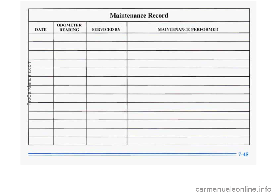 BUICK REGAL 1996 Owners Manual 1
Maintenance Record
ODOMETER READING MAINTENANCE PERFORMED
SERVICED
BY
7-45
ProCarManuals.com BUICK REGAL 1996 Owners Manual 1
Maintenance Record
ODOMETER READING MAINTENANCE PERFORMED
SERVICED
BY
7-45
ProCarManuals.com