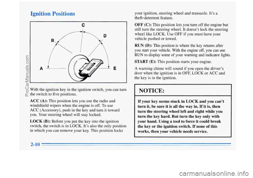BUICK REGAL 1996 Manual PDF A E
C
With the ignition key in the ignition switch, you can turn
the switch to five positions.
ACC (A): This position lets you use the radio and
windshield wipers when the engine is
of BUICK REGAL 1996 Manual PDF A E
C
With the ignition key in the ignition switch, you can turn
the switch to five positions.
ACC (A): This position lets you use the radio and
windshield wipers when the engine is
of