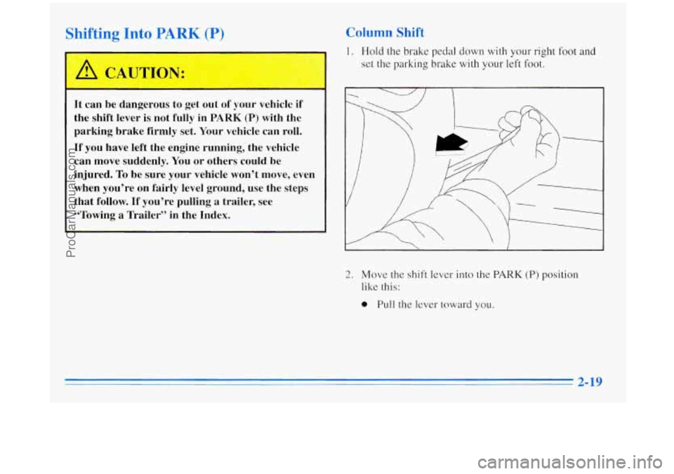 BUICK REGAL 1996  Owners Manual Shifting Into PARK (P) 
It can  be dangerous  to get  out  of your  vehicle if 
the  shift  lever is not fully in PARK (P) with the 
parking  brake  firmly set. Your  vehicle  can roll. 
If you  have 