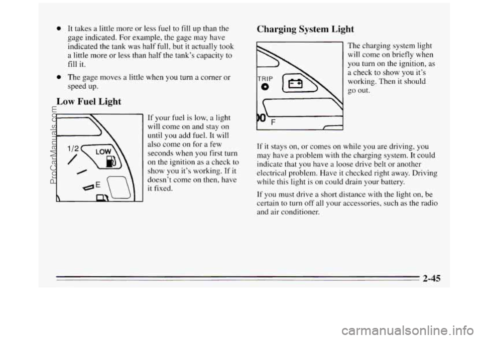 BUICK REGAL 1995  Owners Manual 0 It takes  a  little  more or less fuel to fill up than the 
gage  indicated.  For example,  the gage  may have 
indicated  the  tank was half  full,  but it actually  took 
a  little  more or  less 