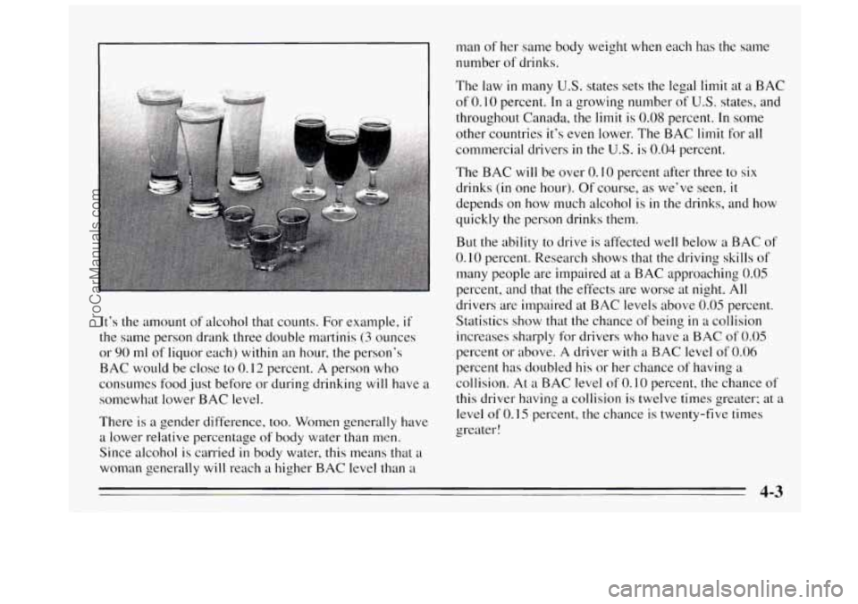 BUICK REGAL 1995 Owners Manual man of her same body weight when each has the same
number
of drinks.
It’s the amount of alcohol that counts. For example,
if
the same person drank three double martinis (3 ounces
or 90 BUICK REGAL 1995 Owners Manual man of her same body weight when each has the same
number
of drinks.
It’s the amount of alcohol that counts. For example,
if
the same person drank three double martinis (3 ounces
or 90