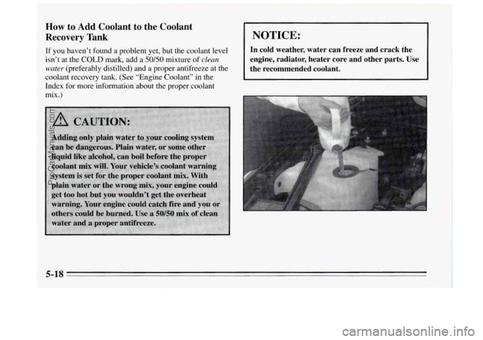 BUICK REGAL 1995  Owners Manual How to Add Coolant  to  the  Coolant 
Recovery  Tank 
If you haven’t found a problem  yet, but the coolant level 
isn’t  at the 
COLD mark, add a 50/50 mixture  of clean 
water (preferably distill