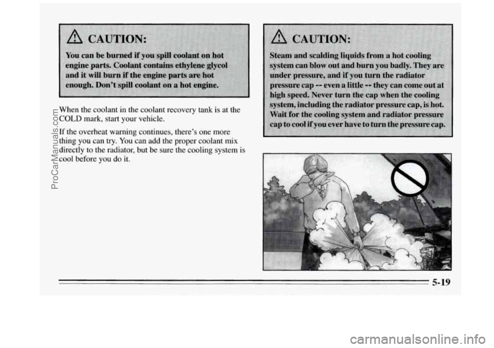BUICK REGAL 1995  Owners Manual When  the  coolant  in  the  coolant recovery tank  is  at  the 
COLD mark, start your vehicle. 
If the  overheat  warning continues,  there’s one more 
thing  you can try. You  can add  the proper 