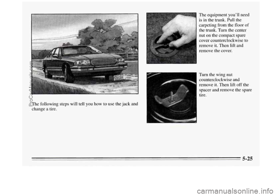 BUICK REGAL 1995  Owners Manual The  following  steps will tell you  how  to  use the jack  and 
change  a  tire.  The 
equipment  you’ll need 
is  in  the  trunk.  Pull  the 
carpeting  from  the floor 
of 
the trunk. Turn  the  