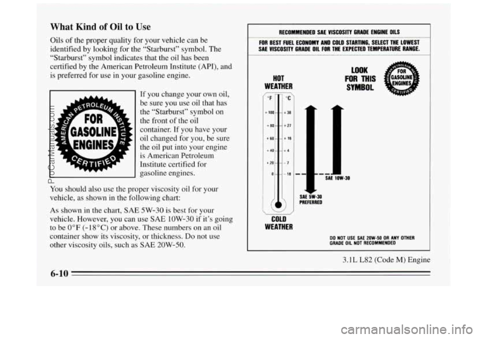 BUICK REGAL 1995 Owners Manual What Kind of Oil to Use
Oils of the proper quality for your vehicle can be
identified by looking for the “Starburst” symbol. The
“Starburst” symbol indicates that the oil has been
cert BUICK REGAL 1995 Owners Manual What Kind of Oil to Use
Oils of the proper quality for your vehicle can be
identified by looking for the “Starburst” symbol. The
“Starburst” symbol indicates that the oil has been
cert