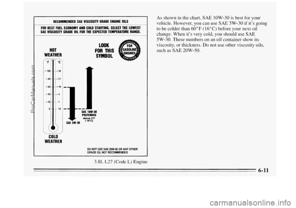 BUICK REGAL 1995 Owners Manual RECOMMENDED SAE VISCOSITY GRADE ENGINE OILS
FOR BEST FUEL ECONOMY AND COLD STARTING, SELECT THE LOWEST
SAL VISCOSITY GRADE
OIL FOR THE EXPECTED TEMPERATURE RANGE. -
HOT
WEATHER
- " BUICK REGAL 1995 Owners Manual RECOMMENDED SAE VISCOSITY GRADE ENGINE OILS
FOR BEST FUEL ECONOMY AND COLD STARTING, SELECT THE LOWEST
SAL VISCOSITY GRADE
OIL FOR THE EXPECTED TEMPERATURE RANGE. -
HOT
WEATHER
- "