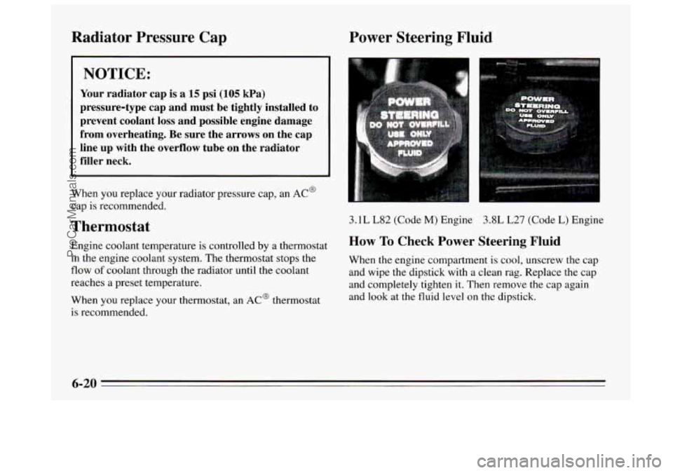 BUICK REGAL 1995 Owners Manual Radiator Pressure Cap Power Steering Fluid
NOTICE:
Your radiator cap is a 15 psi (105 kPa)
pressure-type cap and must be tightly installed to
prevent coolant loss and possible eng BUICK REGAL 1995 Owners Manual Radiator Pressure Cap Power Steering Fluid
NOTICE:
Your radiator cap is a 15 psi (105 kPa)
pressure-type cap and must be tightly installed to
prevent coolant loss and possible eng