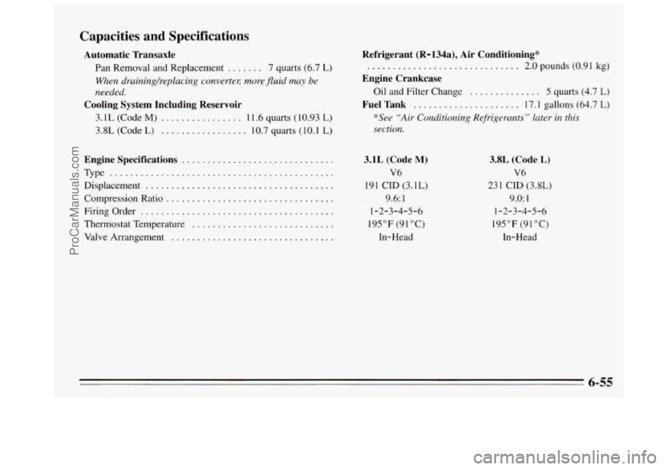 BUICK REGAL 1995 Owners Manual Capacities and Specifications
Automatic Transaxle
Pan Removal and Replacement ....... 7 quarts (6.7 L)
When drainingheplacing converteq more fluid muy be
needed.
Cooling System Including BUICK REGAL 1995 Owners Manual Capacities and Specifications
Automatic Transaxle
Pan Removal and Replacement ....... 7 quarts (6.7 L)
When drainingheplacing converteq more fluid muy be
needed.
Cooling System Including