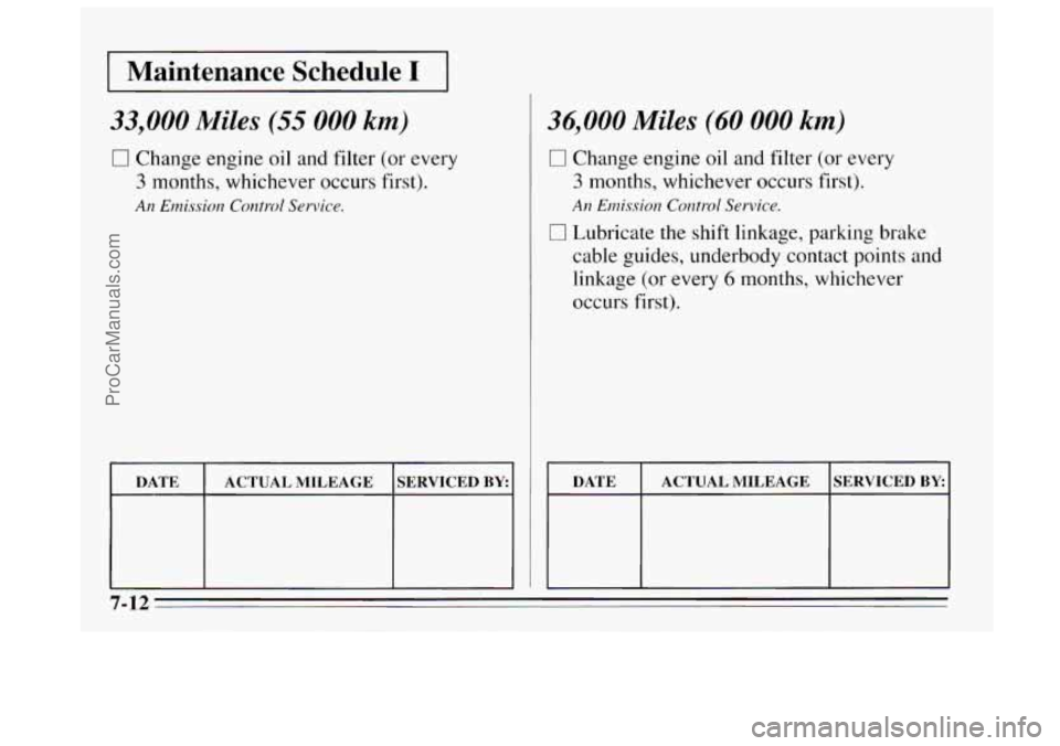 BUICK REGAL 1995 Owners Manual I Maintenance Schedule I I
33,000 Miles (55 000 km)
0 Change engine oil and filter (or every
3 months, whichever occurs first).
An Emission Control Service.
DATE
ACTUAL MILEAGE SERVICED BY I BUICK REGAL 1995 Owners Manual I Maintenance Schedule I I
33,000 Miles (55 000 km)
0 Change engine oil and filter (or every
3 months, whichever occurs first).
An Emission Control Service.
DATE
ACTUAL MILEAGE SERVICED BY I