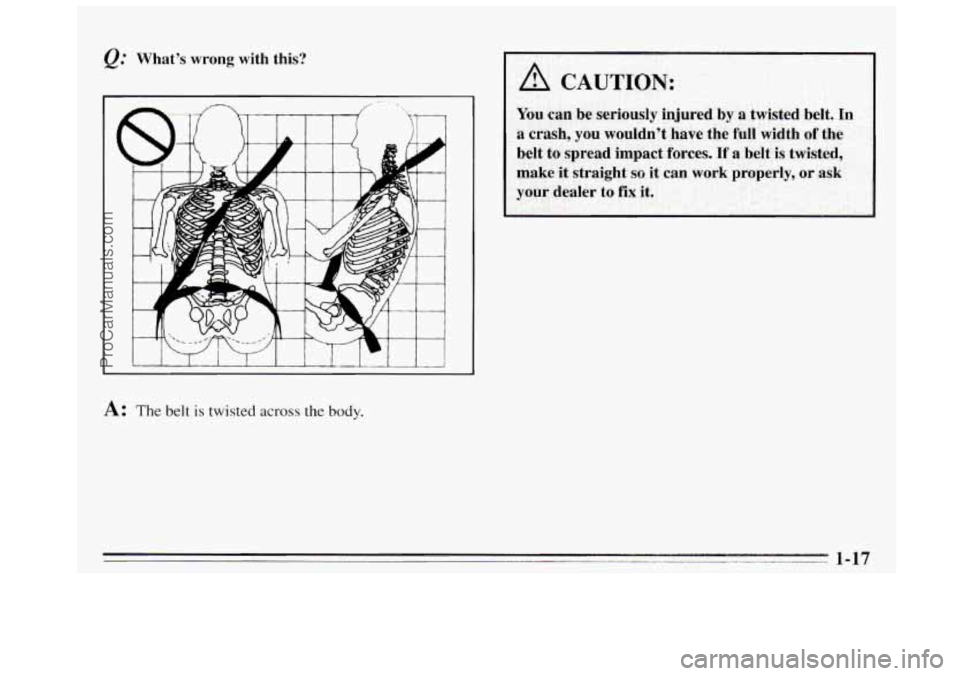 BUICK REGAL 1995 Owners Manual What’s  wrong  with  this? 
A: The belt is twisted across the body. 
ProCarManuals.com 