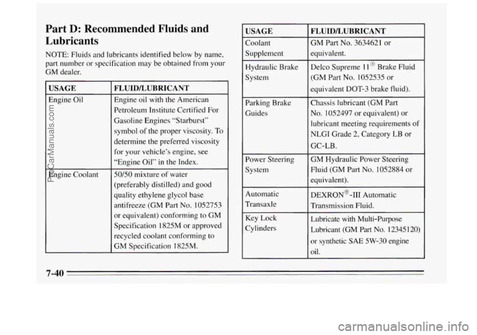 BUICK REGAL 1995 Owners Manual Part D: Recommended Fluids and
Lubricants
NOTE: Fluids and lubricants identified below by name,
part number or specification may be obtained from your
GM dealer.
FLUIDLUBRICANT
Engine oi BUICK REGAL 1995 Owners Manual Part D: Recommended Fluids and
Lubricants
NOTE: Fluids and lubricants identified below by name,
part number or specification may be obtained from your
GM dealer.
FLUIDLUBRICANT
Engine oi