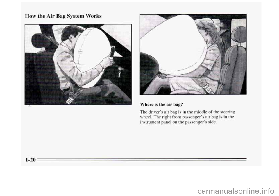BUICK REGAL 1995 Owners Manual How the Air Bag System Works
P
Where is the air bag?
The driver’s air bag is in the middle of the steering
wheel. The right front passenger’s air bag
is in the
instrument panel on the pas BUICK REGAL 1995 Owners Manual How the Air Bag System Works
P
Where is the air bag?
The driver’s air bag is in the middle of the steering
wheel. The right front passenger’s air bag
is in the
instrument panel on the pas
