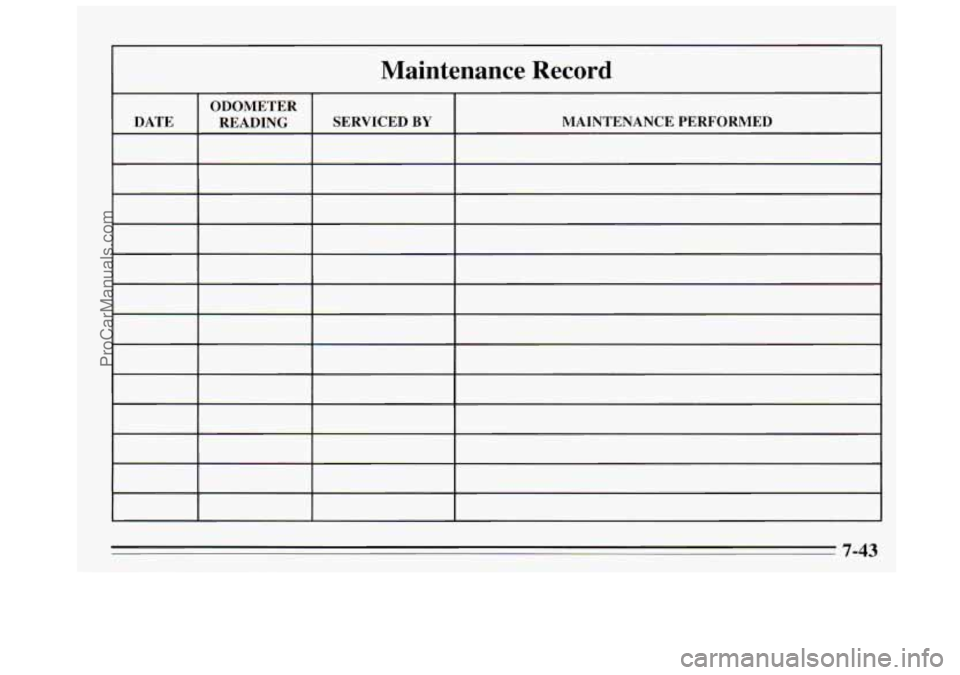 BUICK REGAL 1995 Owners Manual ~ Maintenance Record
ODOMETER
READING SERVICED
BY MAINTENANCE PERFORMED
~~
I ,
- ~~
ProCarManuals.com BUICK REGAL 1995 Owners Manual ~ Maintenance Record
ODOMETER
READING SERVICED
BY MAINTENANCE PERFORMED
~~
I ,
- ~~
ProCarManuals.com