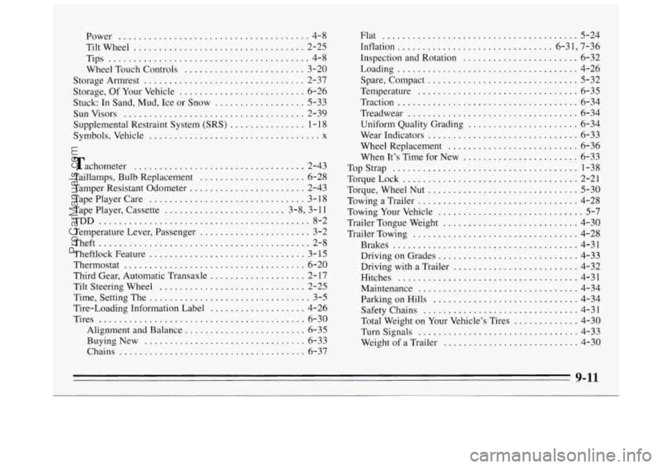 BUICK REGAL 1995  Owners Manual i 
Power ...................................... 4-8 
Tiltwheel 
.................................. 2-25 
Tips 
........................................ 4-8 
Wheel Touch  Controls 
....................