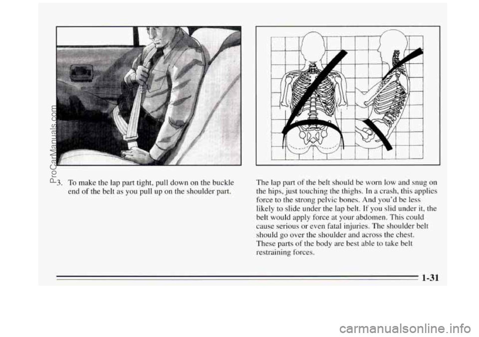 BUICK REGAL 1995 Service Manual 3. To make the  lap  part  tight,  pull  down on the  buckle 
end 
of the  belt as you pull  up on the  shoulder part.  The 
lap part 
of the belt should  be  worn low and snug on 
the hips,  just  to