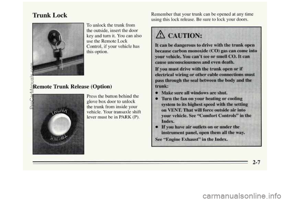 BUICK REGAL 1995  Owners Manual Trunk Lock 
To unlock the trunk  from 
the outside, insert the door 
key and turn it.  You can  also 
use the Remote  Lock 
Control,  if your vehicle has 
this option. 
Remote Trunk Release (Option) 

